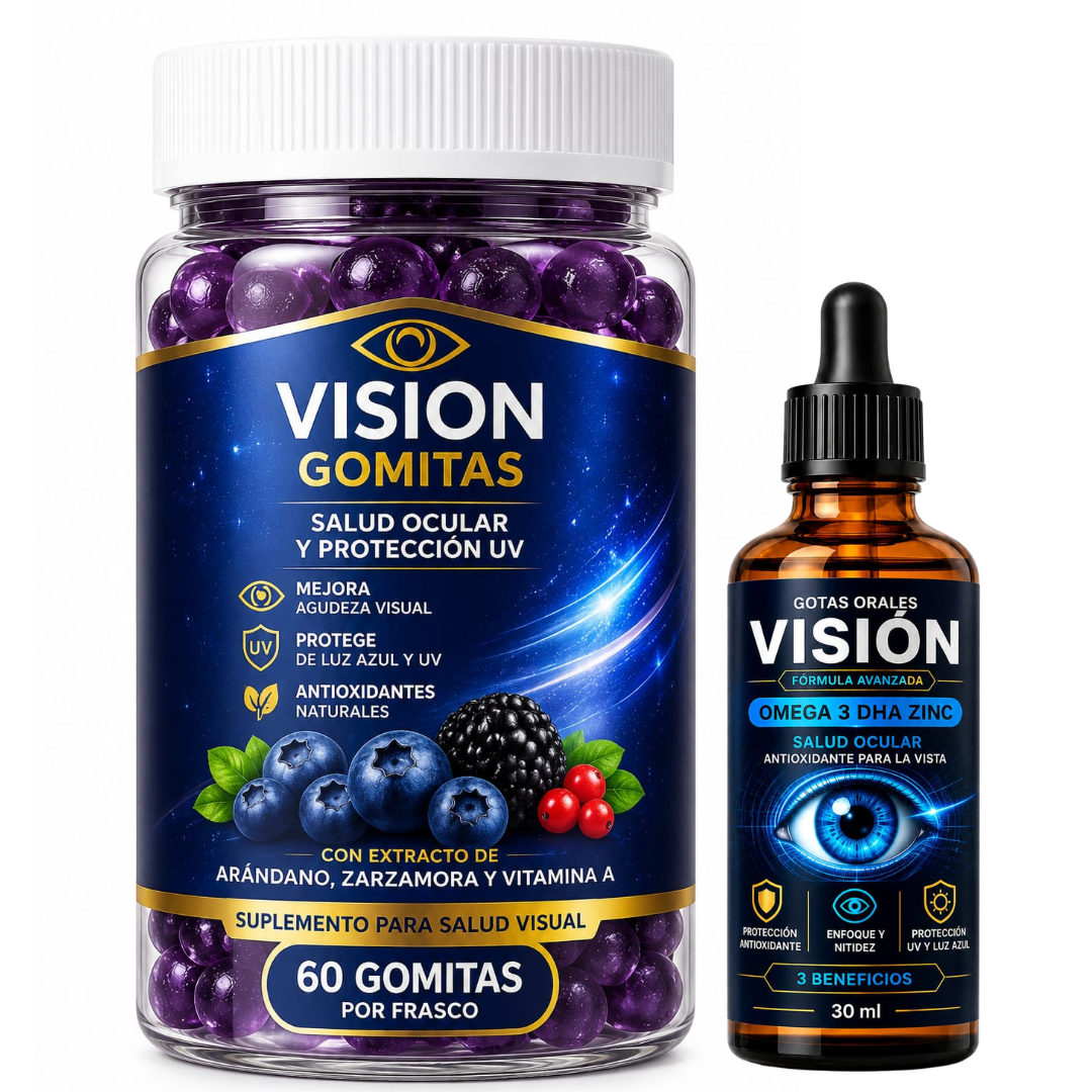 Frasco de Gomitas Visión con 60 gomitas moradas y gotas orales Visión de 30 ml con omega 3, DHA y zinc de regalo