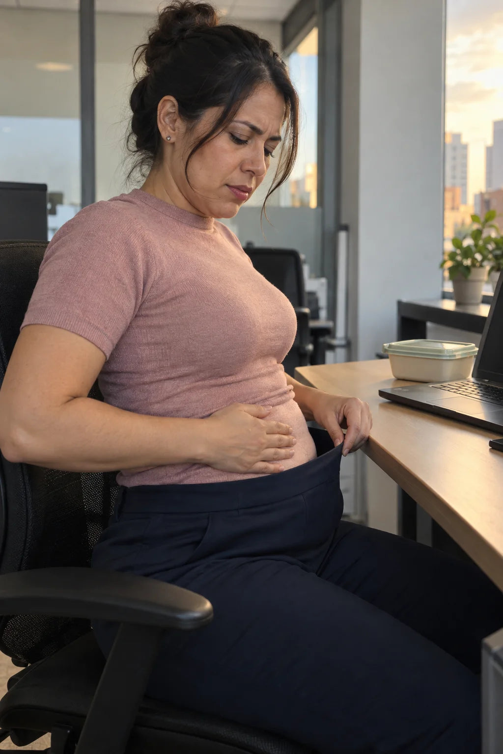 Mujer sentada en su escritorio después del almuerzo, con el abdomen inflamado, aflojando la pretina del pantalón
