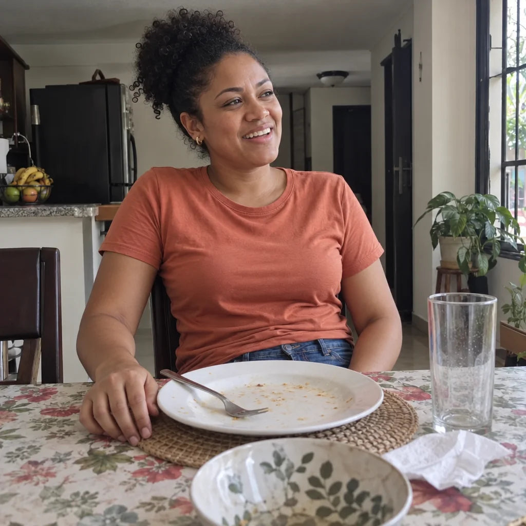 La misma mujer, en la misma mesa, tranquila y sonriente después de almorzar